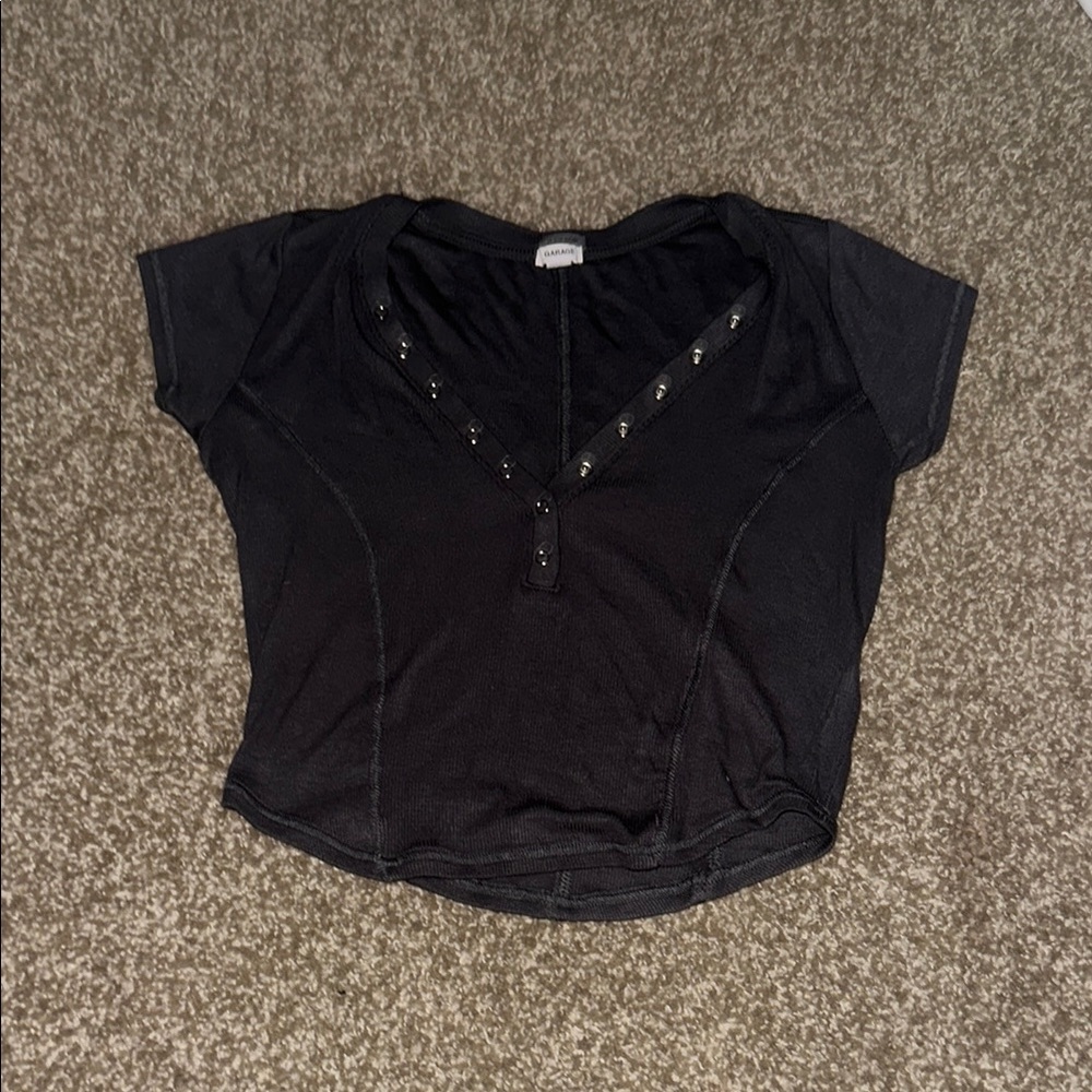 Garage Black Fitted Embellished Short Sleeve Tee